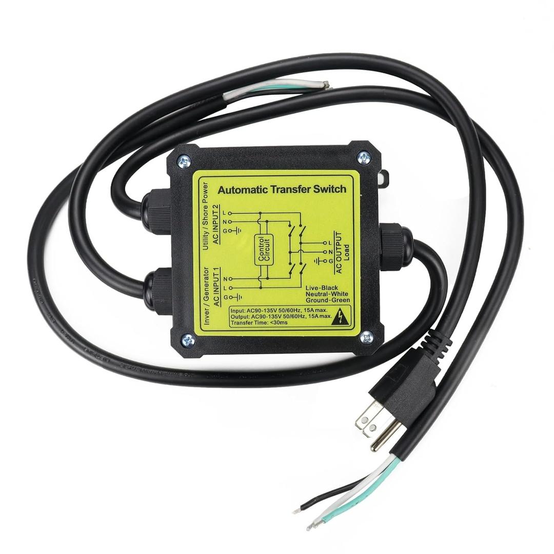AC120V 15Amp Automatic Transfer Switch Generator Transfer Switch, Between Inverter AC from Shore Power and 120v AC from a Sine Wave Inverter