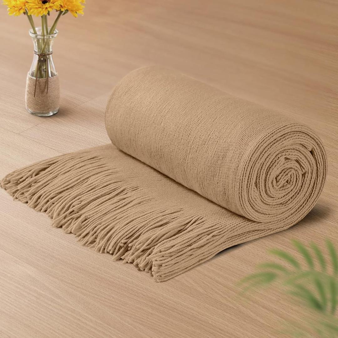 Vonty Light Brown Knitted Blanket with Tassels Fringe 50" x 60", Super Soft Knit Throw Blanket, Farmhouse Decorative Lightweight Blanket for Couch, Sofa, Bed
