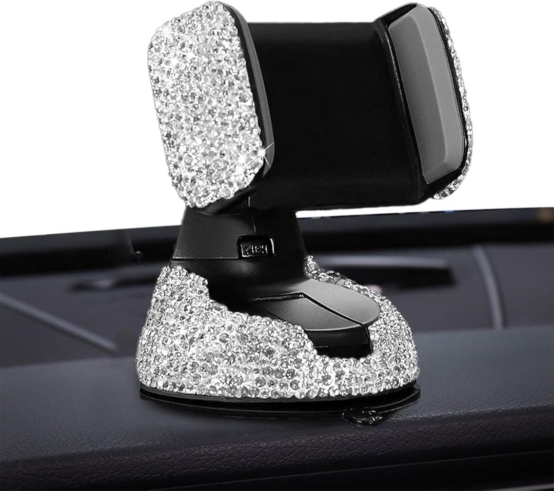 Bling Car Phone Holder for Women  Sparkly White Crystal Phone Mount 360 Adjustable Car Accessories for Dashboard Windshield and Air VentWhite