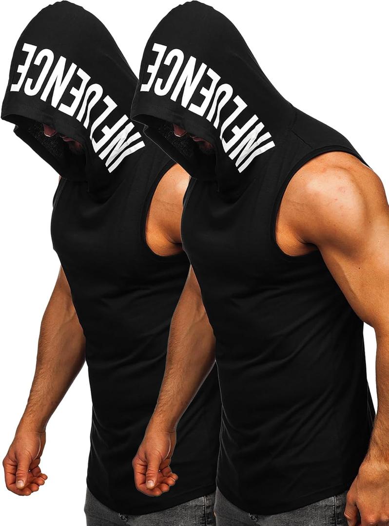 FLYFIREFLY Men's 2 Pack Workout Hooded Tank Tops Bodybuilding Athletic Sleeveless Muscle Cut Off T Shirt Gym Hoodies (Black, XL)