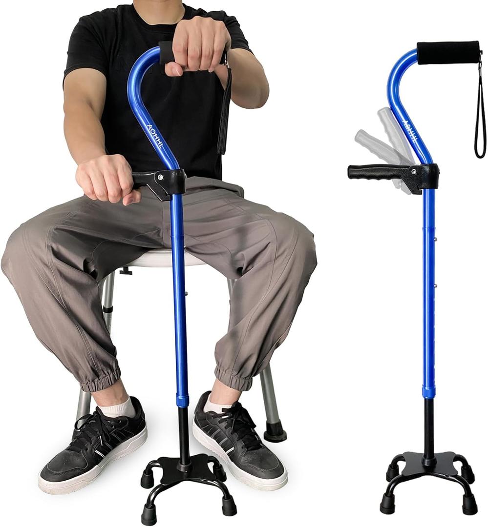 AOHHL Quad Walking Cane Foldable Adjustable Portable Stick Men & Women and Seniors - Lightweight & Sturdy with 4-Pronged Base for Extra Stability Balance,Self Standing Gifts for mom Dad (Blue)
