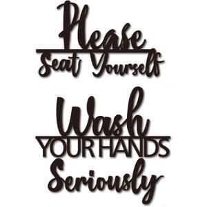 Amyhill 2 Sets Bathroom Wall Decor Wash Your Hands Seriously and Please Seat Yourself Sign Funny Restroom Decor Wooden Farmhouse Rustic Relax Quotes Wall Art for Laundry Toilet Black