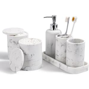 Bathroom Accessories Set, 6-Piece Bathroom Accessory Set, Toothbrush Holders Set, Soap Dispenser, Vanity Tray, Tumbler, Cotton Swab Jars, Bathroom Organizer for Modern Bathrooms (Marble White)