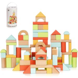 Pidoko Kids 100pcs Building Blocks for Toddlers 1-3, Wooden Blocks for Kids with Storage Bucket and Shape Sorter Lid Montessori Toys for 1 2 3 Year Old, Learning Toys for Preschool Girls and Boys