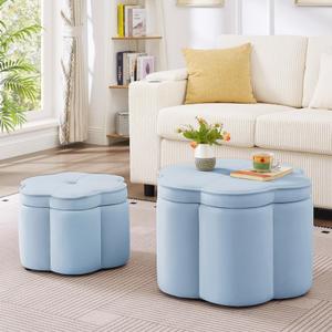 KEIKI Modern Style Velvet Flower-Shape Ottoman Set of 2, Upholstered 6-Petal Flower Design Storage Ottoman with Non-Slip Rubber Feet, No Assembly Required, for Living Room, Entryway, Seaglass