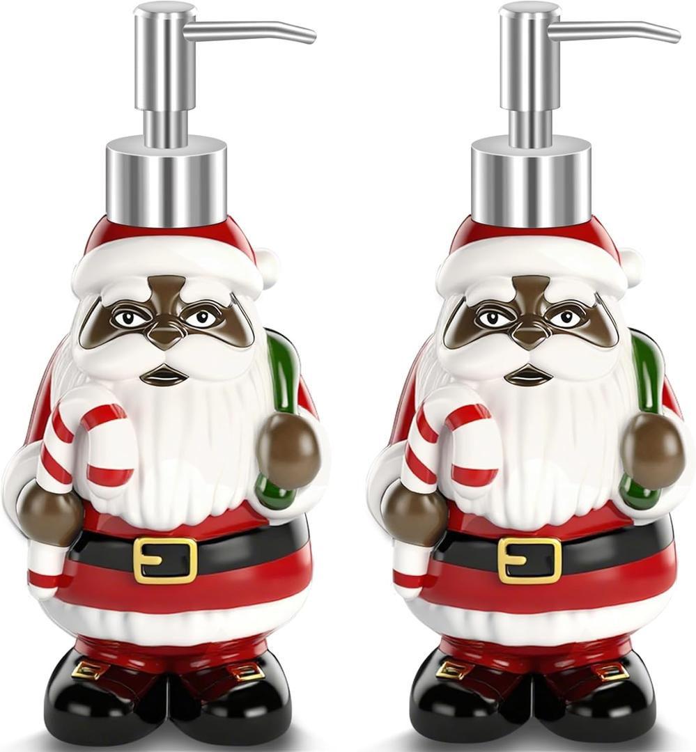 2 Pack Black Santa Christmas Soap Dispenser, African American Christmas Decorations, 8 Inch Hand Soap Bottle Lotion Dispenser with Plastic Pump for Kitchen and Bathroom Sinks Accessories Decor