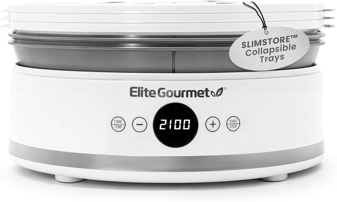 Elite Gourmet EFD329WD Digital Food Dehydrator with 5 BPA Free SlimStore Collapsible Trays for Compact Storage, Adjustable Timer and Temperature Controls, Jerky, Herbs, Fruit, Veggies, Snacks, White