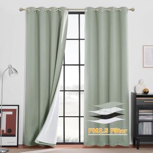 RYB HOME 4-in-1 Dust Filtering Soundproof Blackout Insulating Privacy Window Curtains for Nursery Bedroom Living Room Rivider Sound Absorption Sheet, Sage Green, W52 x L95 inch, 2 Panels