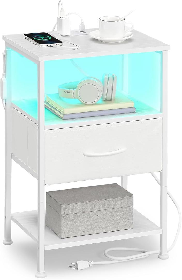 SONGMICS Nightstand with Charging Station, 1 Fabric Drawer