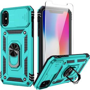 Weycolor for iPhone X Case, iPhone Xs Case with Camera Lens Cover, HD Screen Protector, 10 FT Military Grade Drop Protection, Magnetic Ring Holder Kickstand Phone Case for iPhone X/Xs (Ice Green)