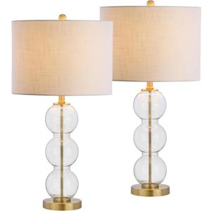 JONATHAN Y 27" Clear/Brass Triple-Sphere Glass Table Lamp Set of 2, Bedside, White Linen Shade, Modern Table Lamps for Living Room, Bedroom, Office, LED Bulbs Included JYL1070A-SET2