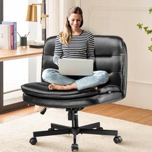 Criss Cross Chair with Wheels Armless Cross Legged Office Chair Wide Home Office Desk Chair Swivel Comfy Vanity Desk Chair Height Adjustable Mid Back Wide Seat Computer Task Chair, Black