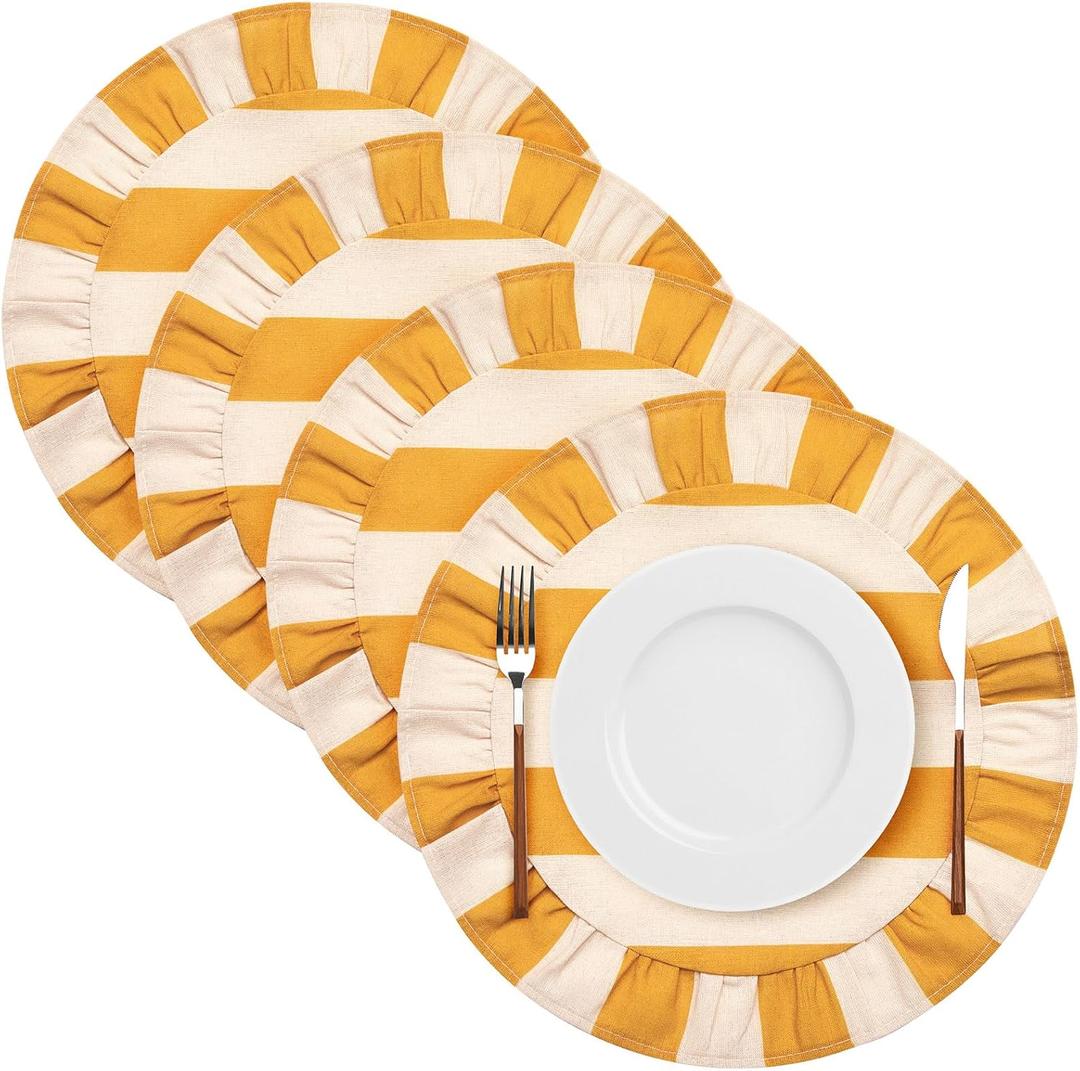 4 Pcs 15 Inch 100% Cotton Scalloped Round Placemats, Thin Yellow & White Stripes Place Mats with Ruffle, Washable Placemats Table Mats for Kitchen Dining Holiday Gatherings Decor
