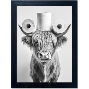 Funny Highland Cow Bathroom Wall Art with Toilet Paper on Head, Humorous Farmhouse Sign for Bathroom Decor, Rustic Black Framed Canvas Print for Restroom Toilet, Ready to Hang 8x10 Inch