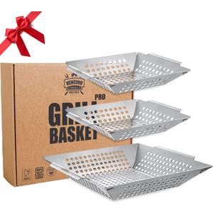 3 Pack Grill Baskets for Outdoor Grill, Heavy Duty Stainless Steel Vegetable Grill Basket, Grilling Basket for Veggies, Grilling Accessories for All Grills & Smokers - Grilling Gifts for Men