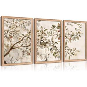 3 Pieces Vintage Apple Tree Canvas Wall Art Rustic Farmhouse Painting Picture Wall Decor Botanical Branch Poster Print Artwork for Living Room Bedroom Kitchen Home Decoration (16"L x 12"W, Floral-11)
