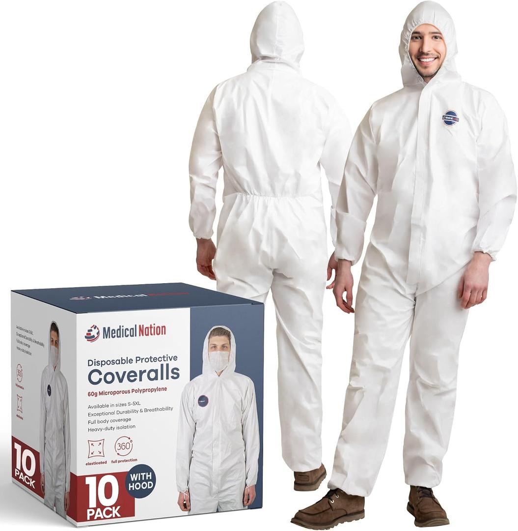 Hazmat Suits Disposable | 10 Pack | Hooded, Heavy Duty, Breathable Disposable Coverall, Painter Suit| 9 Sizes