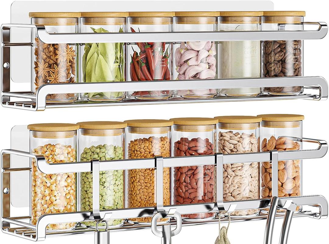Bunoxea Spice Rack wall mounted 2 Pack, Space-Saving Spice Organizer for Spice Jars and Seasonings,Screw or Adhesive Hanging Spice Rack Organizer for Your Kitchen Cabinet,or Pantry Door,Silver
