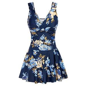 Floral One Piece Swimsuits for Women Tummy Control Swimsuit Swimwear Skirt V Neck Swim Dress Bathing Suit Navy Blue L