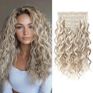 Reecho Curly Hair Synthetic Hair Bundles Middle Part Lace With Closure Weave Fake Hair Extensions, 4 pcs