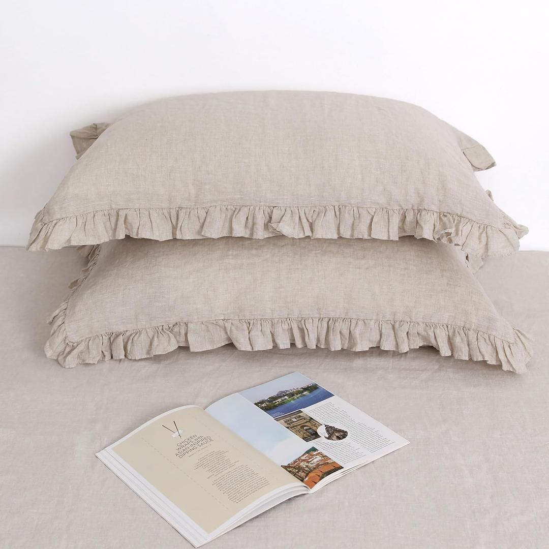 Natural Linen Pillow Shams, Ruffled Decorative Boho Pillow Cases (King Size - 20''x40'')