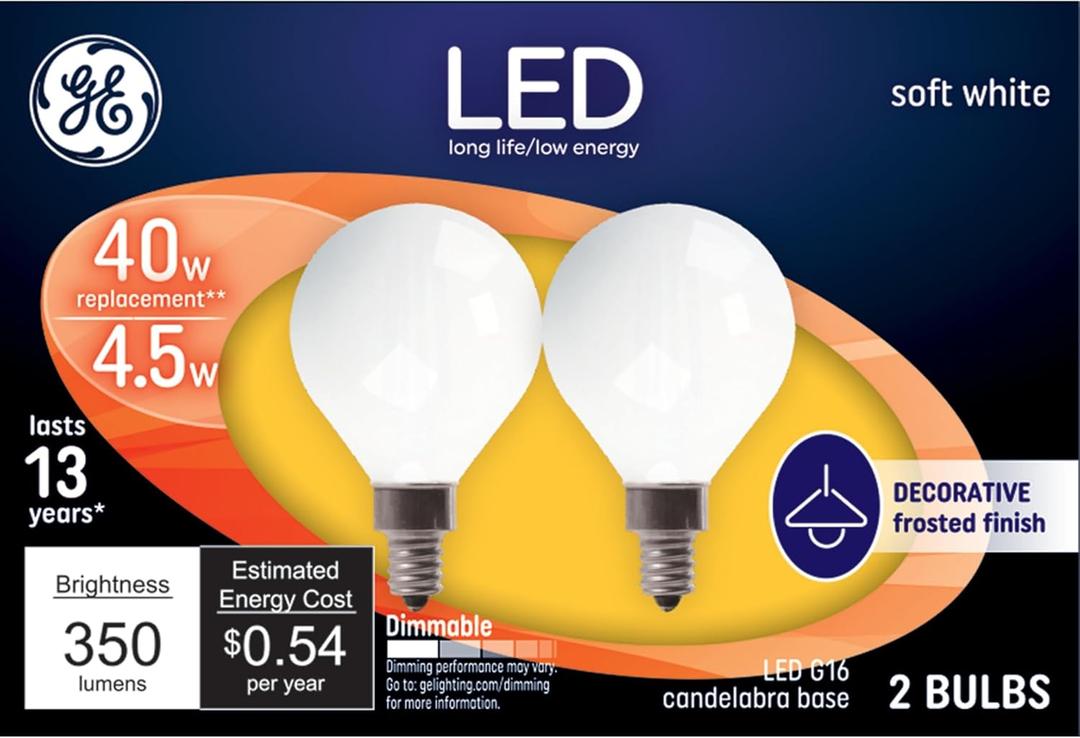 GE LED Light Bulbs, 40 Watt, Soft White, G16 Globe Bulbs, Small Base 2 Count (Pack of 1) (Frosted)