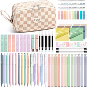 62PCS Aesthetic School Supplies, Cute Back to School Supplies College Essentials Preppy Stationary Set with Large Pencil Pouch Case, Pastel Highlighters Gel Pens Mechanical Pencils for Student Girls (Beige Checked)