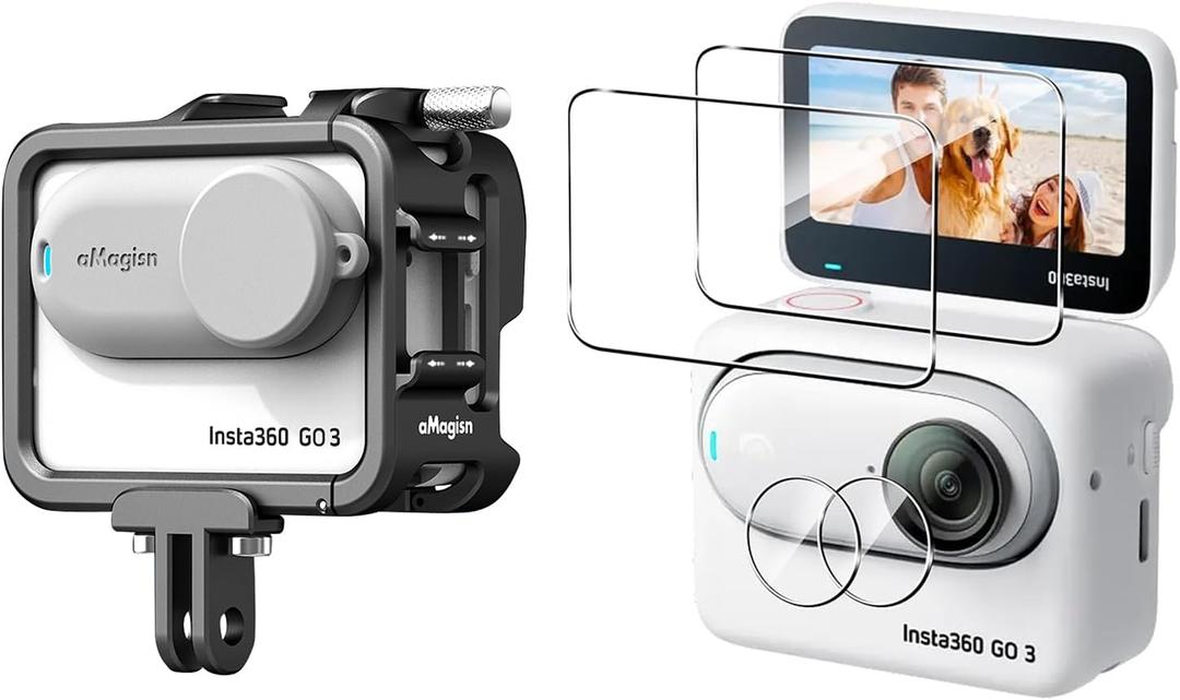 Aluminum Frame Cage with Lens Silicone Corver Case and Screen Protector for Insta360 GO 3,Metal Protective Durable Housing Case with Cold Shoe Mount (Model Number 1)