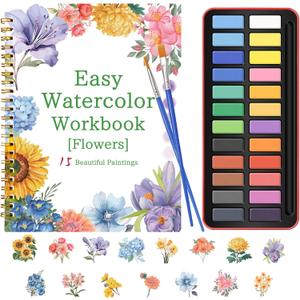 Watercolor Workbook for Adults and Beginners, 15 Original Floral Design Water Coloring Book with 24-Color Vibrant Watercolor Paint Set, 2 Paintbrushes for Stress Relief (Bouquets), 1 Count