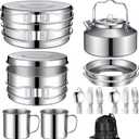 15 Pcs Camping Cookware Mess Kit Outdoor Cooking Set Stainless Steel with Pot and Pan Kit 2 Set Stainless Steel Cups Plates Forks Knives Spoons for Camping Backpacking Cooking Picnic