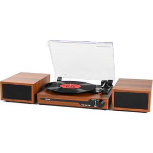 Vinyl Record Player with External Speakers BT 5.3 Wireless Turntable Portable with 3 Speed USB Vintage Wooden Brown