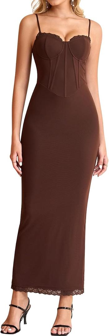KUTUMAI Vintage Corset Long Formal Dress Lace Slit Back Bodycon Maxi Cocktail Wedding Guest Dresses for Women Elegant (Brown, S)