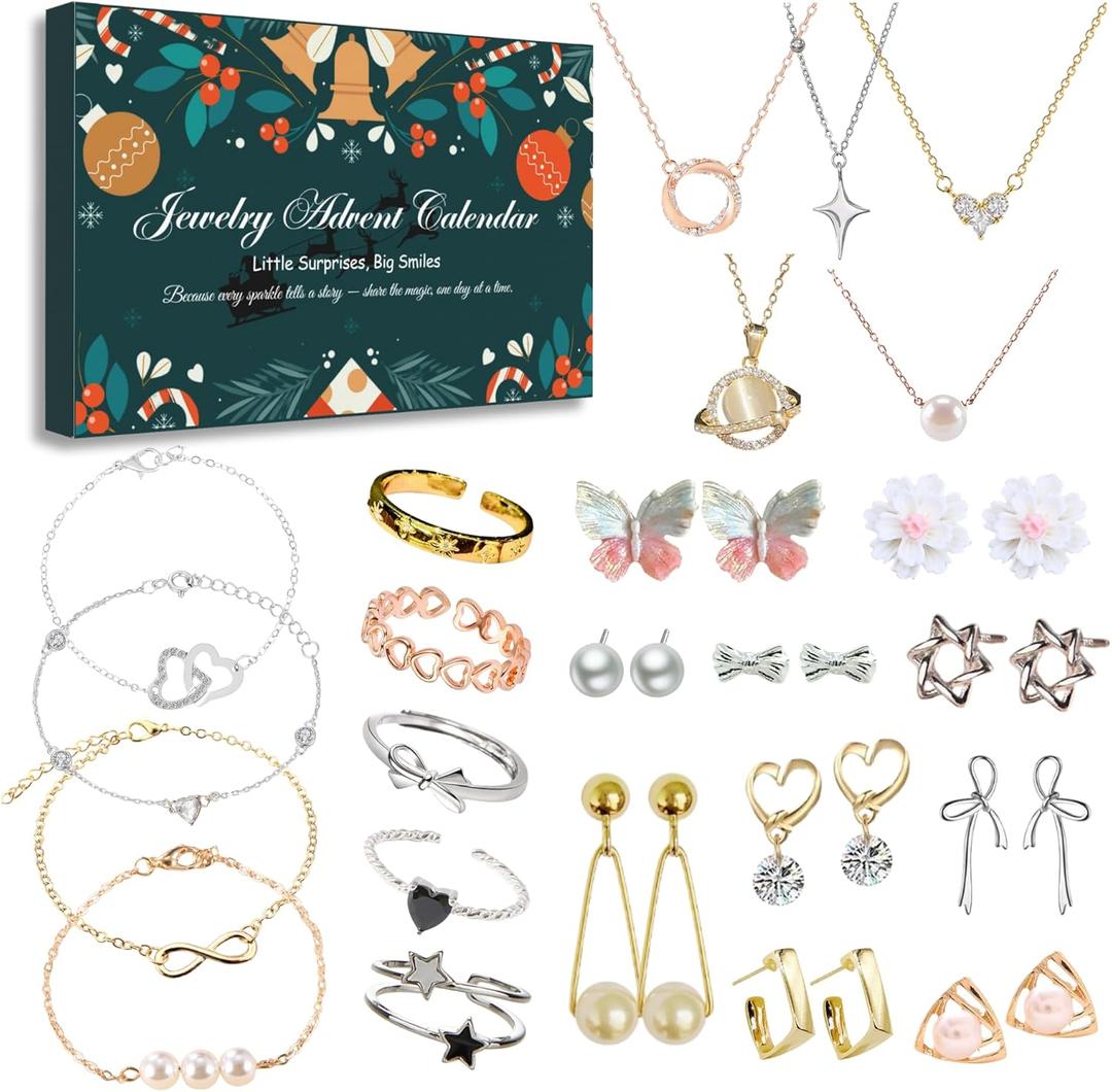 Jewelry Advent Calendar 2025, 24 Surprise Jewelry Collection with Bracelets, Rings, Necklaces & Earrings, 24 Days Festive & Fun Holiday Countdown, Advent Calendar for Wife, Mom, Bestie, Friend