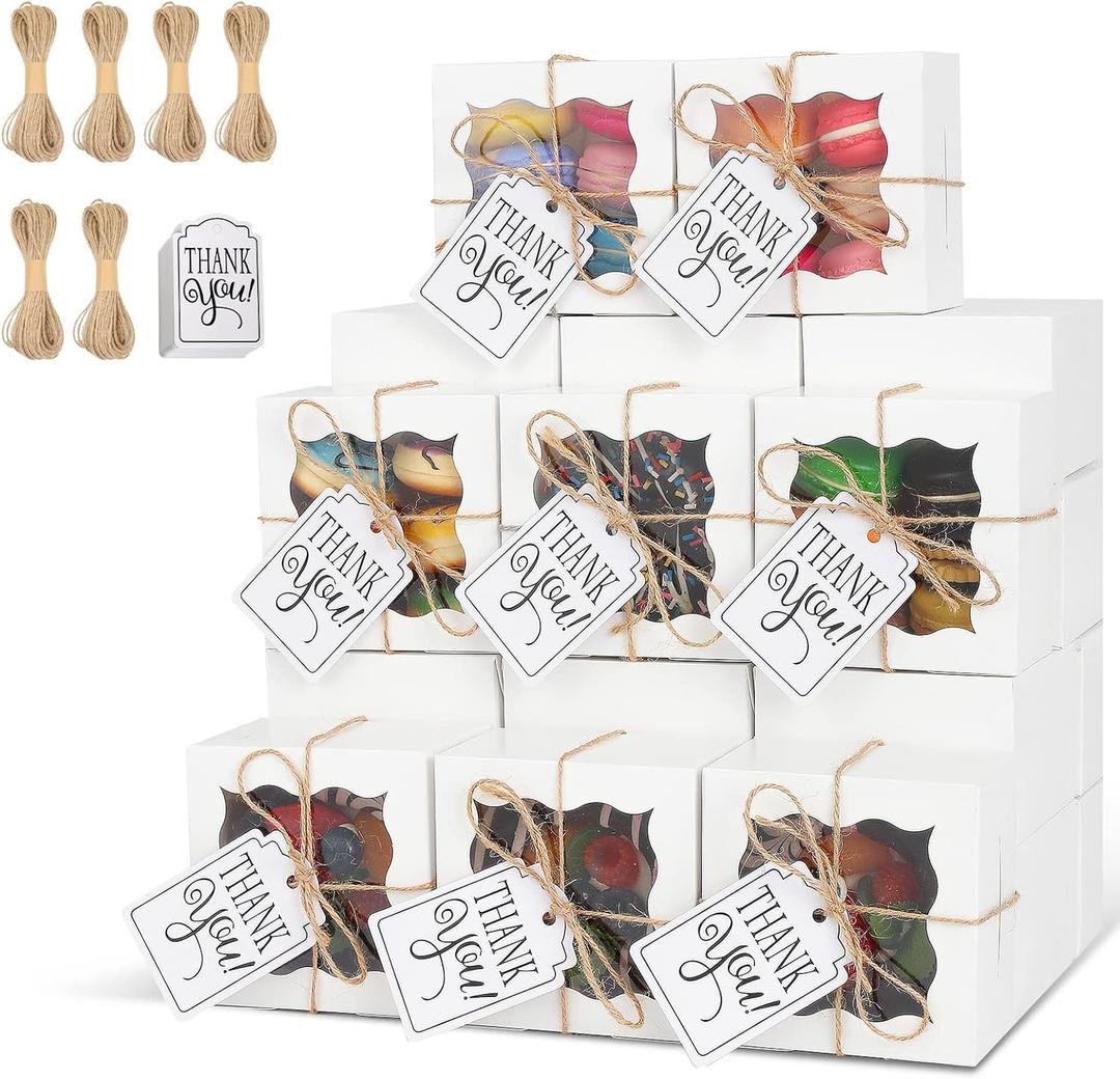 KPOSIYA 60 Pcs White Bakery Boxes with Window Individual Cupcake Box 4x4x2.5 Inches Cookie Boxes Kraft Paper Brown Gift Box for Pastries, Cookies, Pie, Donuts, Macaroon (60, White)