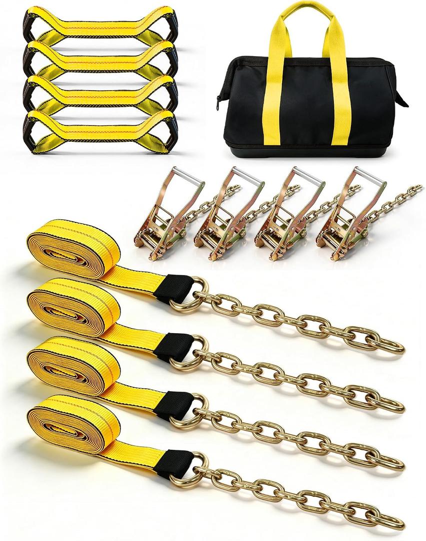 8 Point Roll Back Vehicle Wheel Tire Tie Down Straps Kit 3333LBS | 9999LBS Breaking Capacity, 2"x16' Tow Truck Flatbed Strap w/Chain Extension Ratchet, 2"x16" Short Tow Strap, Fit all vehicle