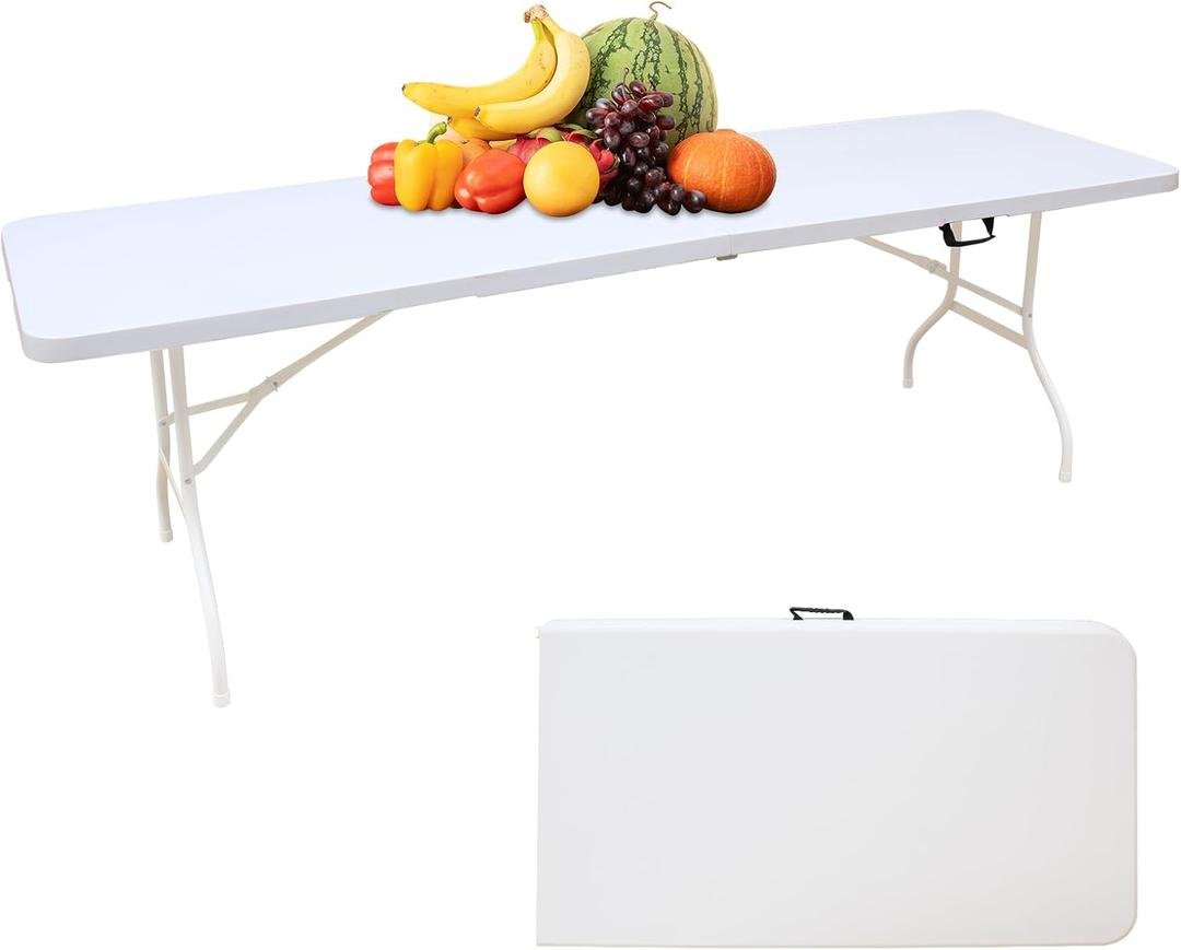 Portable 8Ft Plastic Folding Table, Heavy Duty 8ft Fold-in-Half Table with Carrying Handle, 8' Folding Utility Foldable Table for Picnic Party Camping Kitchen, Indoor/Outdoor (White)