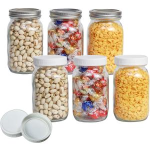 6 Pack 32 oz Glass Mason Jars, Wide Mouth Mason Jars with Lids and Bands and 6 White Plastic Mason Jar Lids, Clear