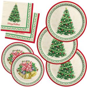 Gatherfun Christmas Party Supplies Kit, Serve 50, Christmas Tree Disposable Dinnerware Includes: Paper Dinner Plates, Dessert Plates, and Napkins, Great for Merry Christmas Party Decorations