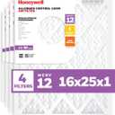 Honeywell 16x25x1 MERV 12 Electrostatic Pleated HVAC AC Furnace Air Filter (4-Pack) | Replacement Filter for Home Use | Made in USA