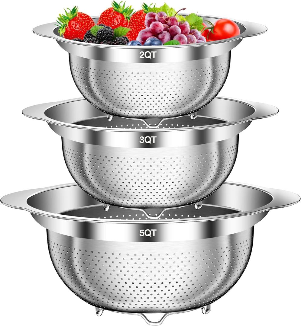Colander, Stainless Steel Colander for Kitchen, 3Pcs Kitchen Gadget Food Strainer Basket with Handle, Kitchen Strainer Colanders Bowl for Pasta Noodles Spaghetti Vegetables Fruit (1QT, 2QT, 5QT)