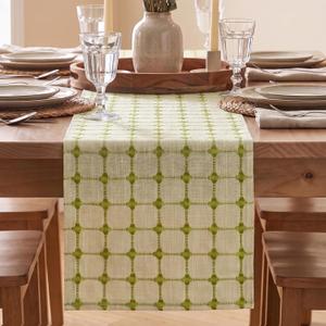 Artoid Mode Beige Sage Green Rustic Plaid Farmhouse Table Runner, Seasonal Spring Embroidered Kitchen Dining Table Decoration for Home Party Decor 12x72 Inch