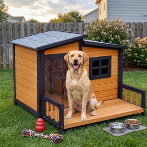 RUNSHED Insulated Outdoor Dog House for Small and Medium-Sized Dogs, Weatherproof Wooden Shelter with Elevated Floor & Ventilation, Easy Assembly (39.3 L x 37.5 W x 30 H)