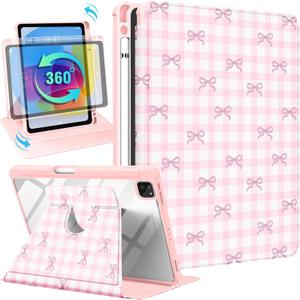 for iPad Air 11 inch Case for iPad Pro 11 inch Case - 360° Rotating Stand Folio Smart Cover with Pencil Holder for Women Girls, Pink Bow Plaid for Air 4th/5th/M2 2024/M3 2025, Pro 1/2/3/4 Gen