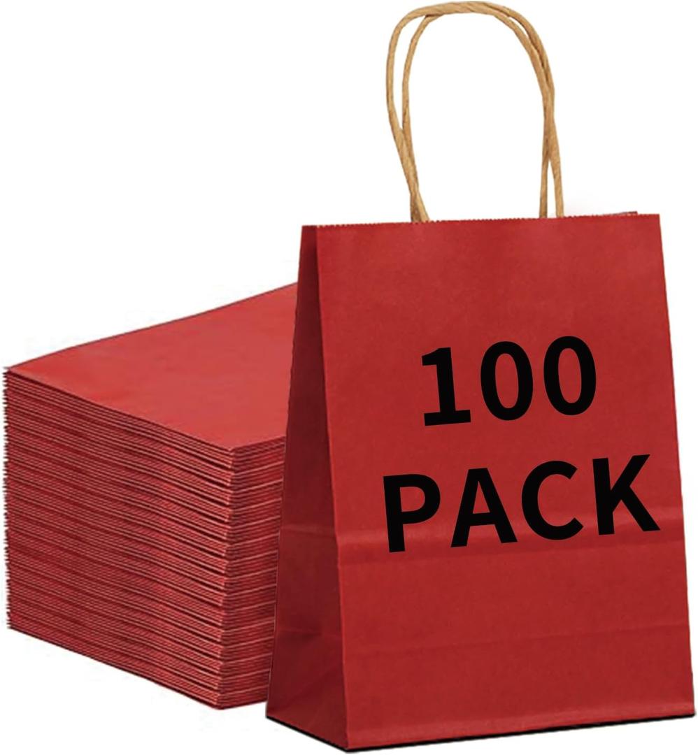 BAG BOX 100 Pack Medium 8.25x4.3x10.6 Inch Red Kraft Paper Gift Bags with Handles for Bulk Shopping, Retail, Craft, Party Favors, Wedding, Grocery & Sacks