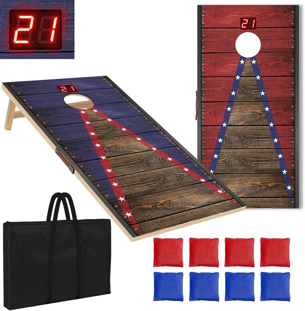 Electronic Cornhole Board Set 4x2ft 2x1ft, Automatic Scoring Corn Hole Games for Adults & Kids, Wooden Portable Cornhole Set with 8 Bean Bags & Carrying Bag for Outdoor, Party, Tailgate