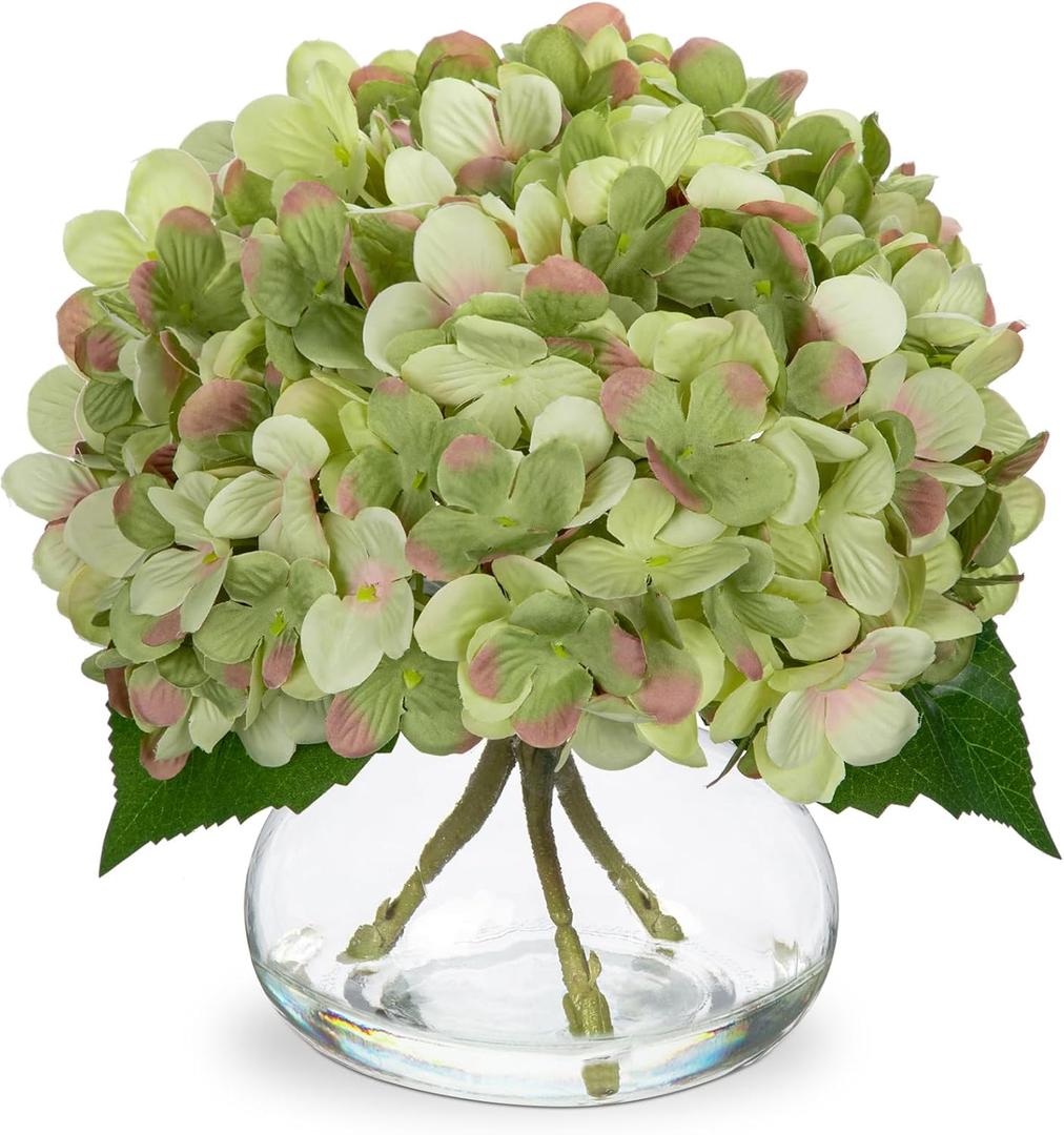 Hollyone Hydrangea Artificial Flowers with Glass Vase Dark Green Silk Faux Flowers Arrangements In Vase with Faux Water Fake Floral Bulk Bouquet for Home Decor Table Centerpiece Decorations