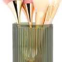 DASITON Makeup Brush Holder Organizer, Acrylic Makeup Brush Cup, Vintage Striped Make Up Brush Holder for Vanity, Bathroom Countertop, Toothbrush Holders, Pen Holder for Desk Storage (Green)