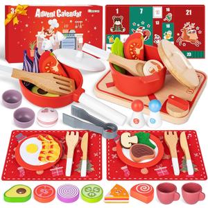 Christmas Advent Calendar Gifts for Kids, Commodum Kids Wooden Play Cooking Set, Pretend Play Kitchen Accessories Toys, 24 Days Countdown Xmas Surprise Holiday Toddlers Girls Gifts Ages 3+