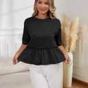 Women Summer Short Sleeve T-Shirts Oversized Dressy Casual Work Blouses Cropped Cute Ruffle Babydoll Peplum Tops (Black, L)