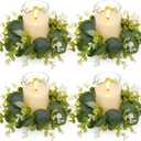 Yunlly 4 Pcs Candle Wreaths Rings Artificial Eucalyptus Wreaths Candle Holder Rings with LED Flameless Candles, 9.5" Wide for Wedding Windows Table Centerpieces, Green and White